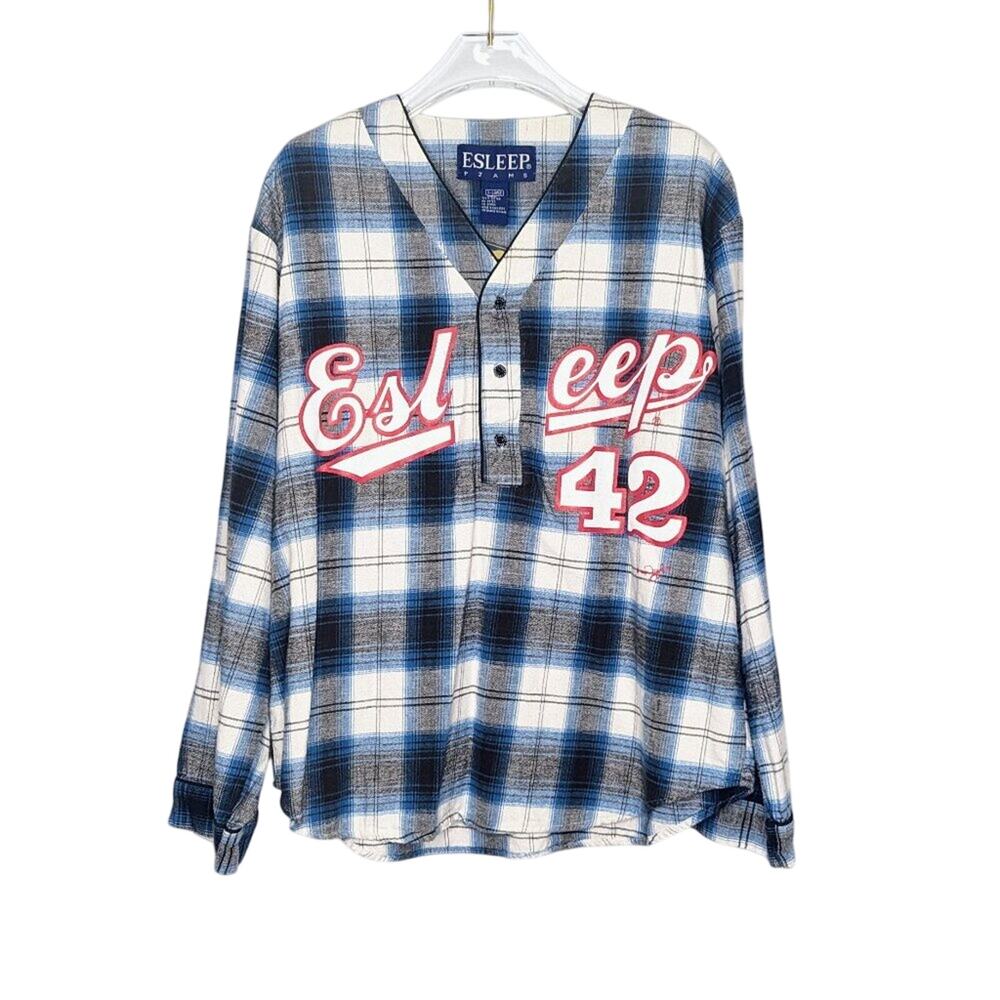 Vintage Blue Plaid Esleep 90's Baseball Jersey Flannel Sleep Shirt Long Sleeve
